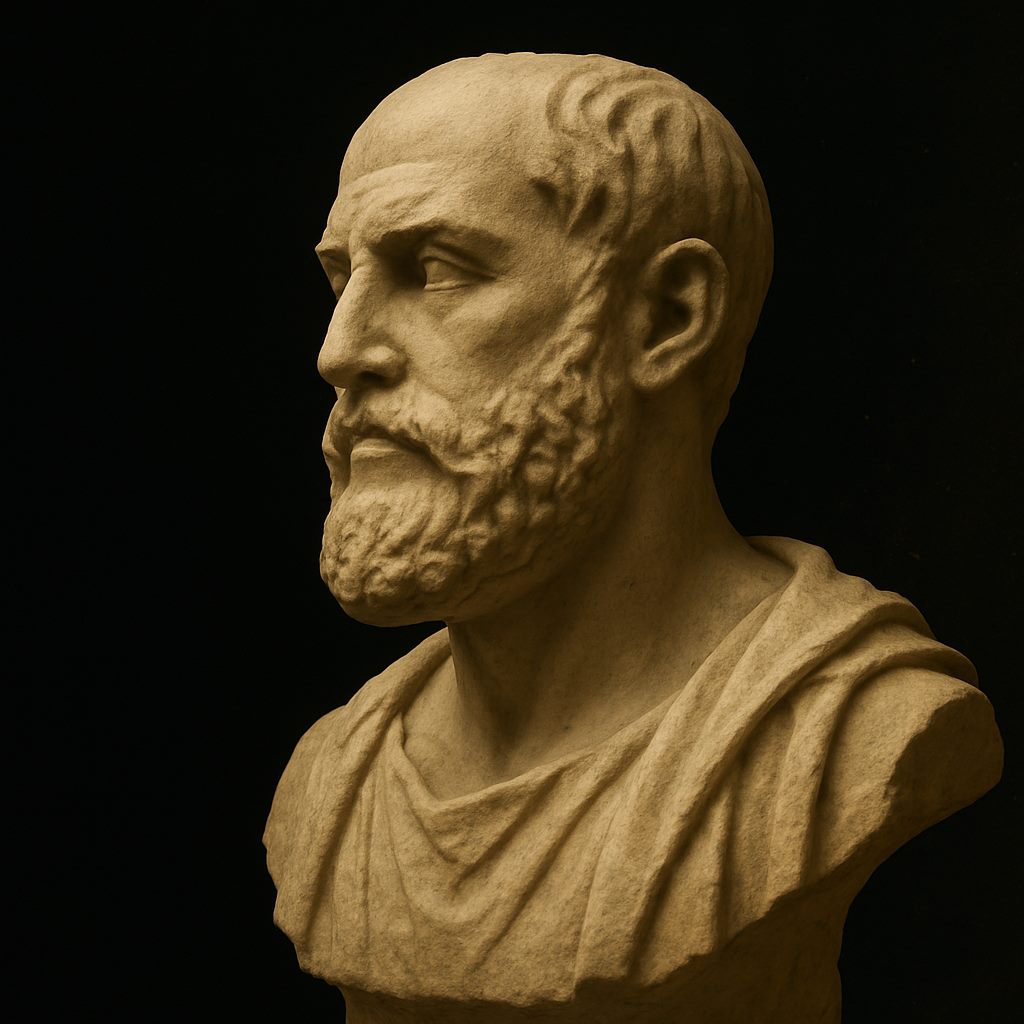 A bust sculpture of a bearded man with short hair, looking to the left, set against a dark background.