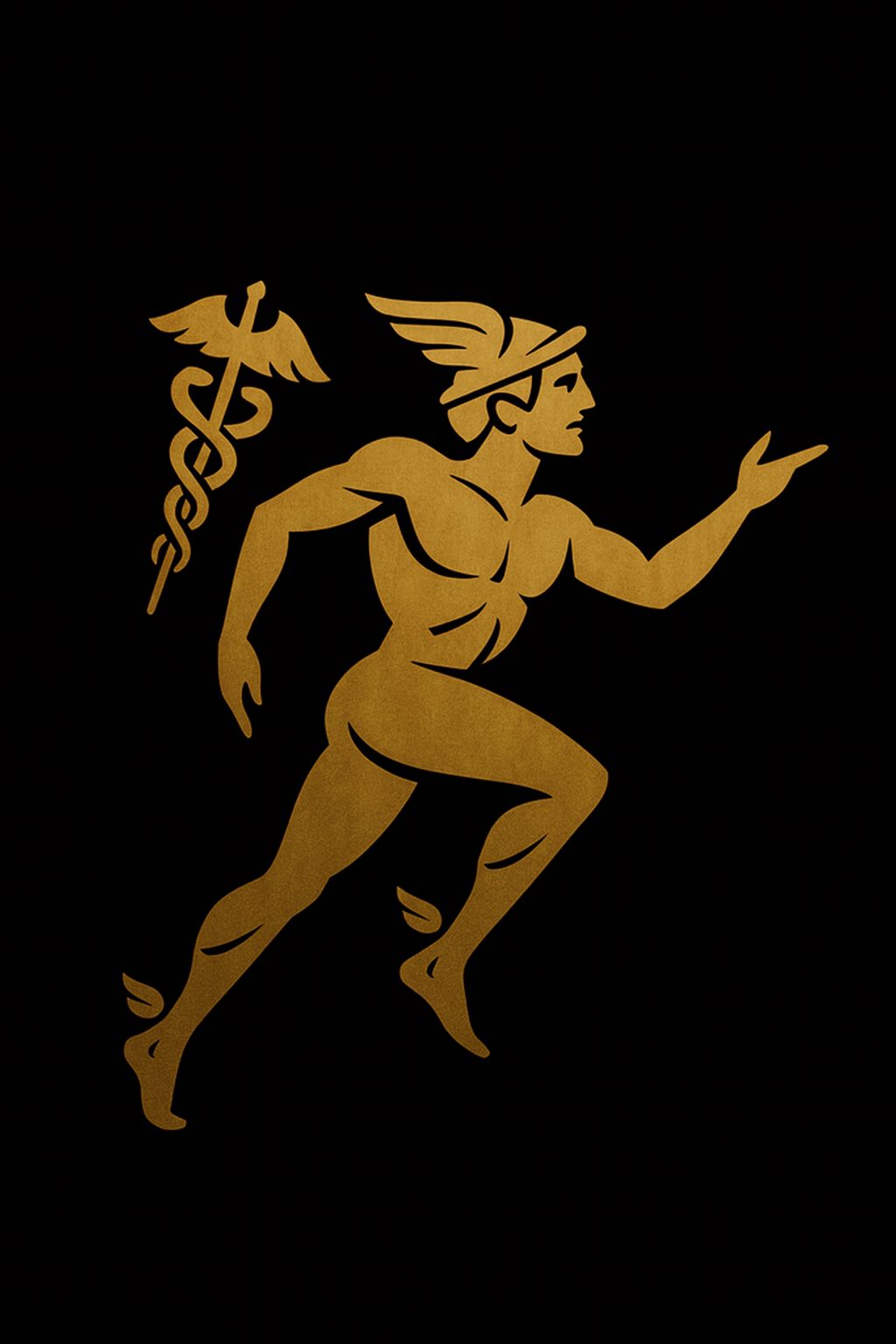 A golden silhouette of Hermes, with wings on its ankles, running forward against a black background.
